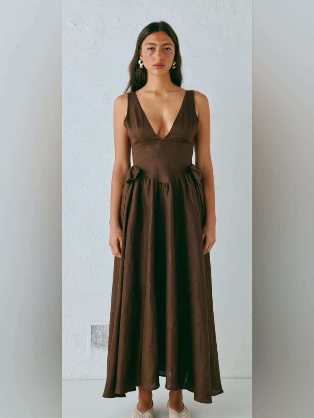Vrg Grl Daphne Linen Midi Dress Chocolate Size AU Size 12/ US Size 8